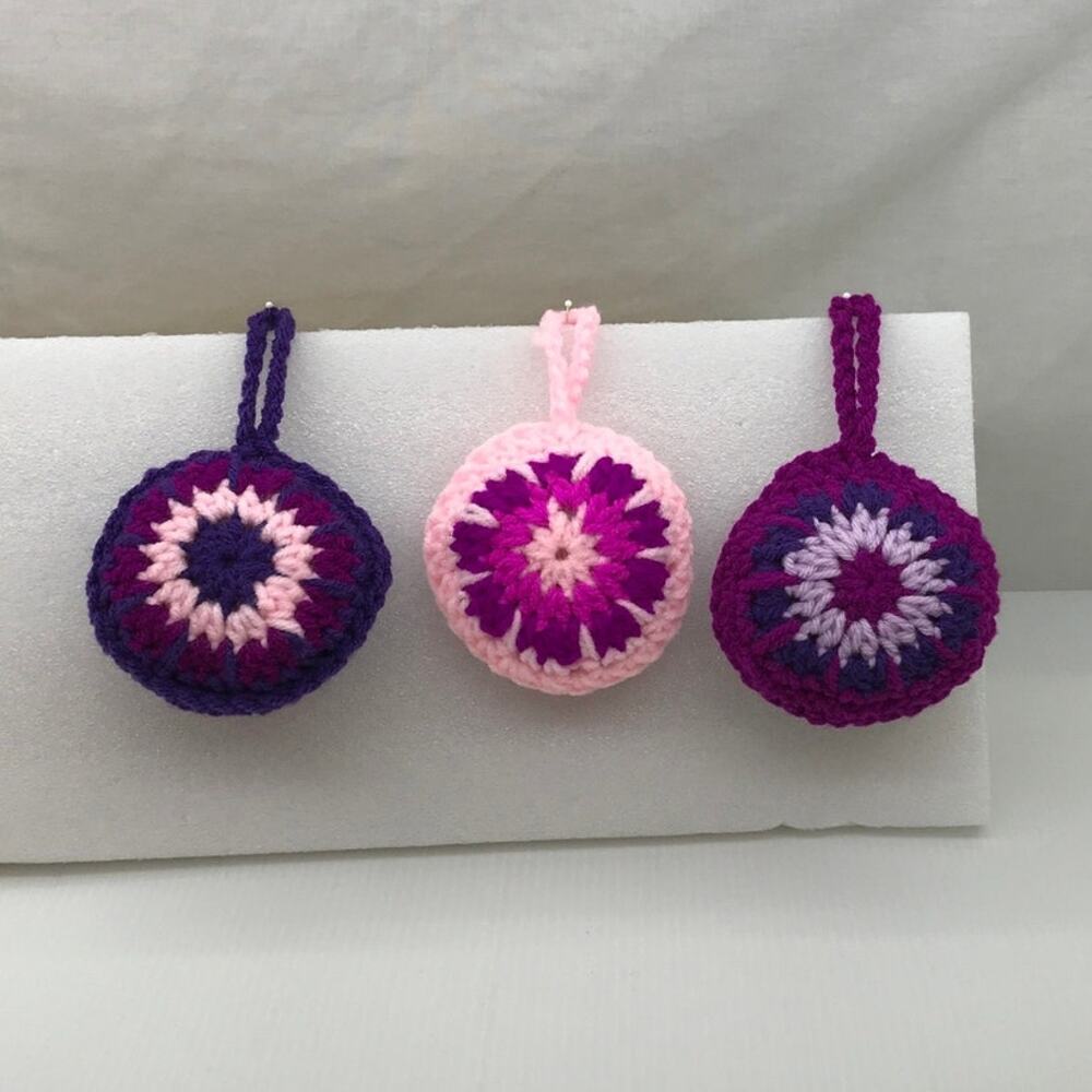 Vintage Style Crochet Holiday Stuffed Medallion Baubles Handmade Set of 2